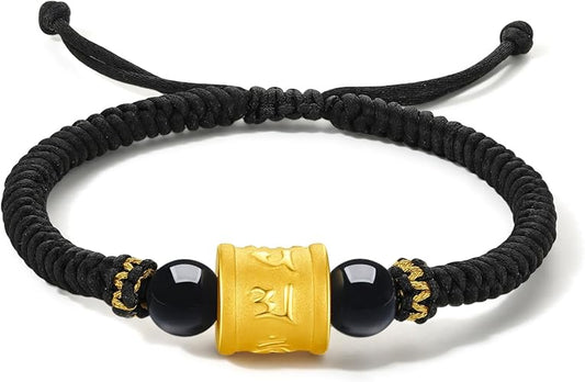 24K Solid Gold Bracelet for Men, Black Agate Bead Pure Gold Charm Bracelets Dainty Fortune Cylinder Braided Bracelet Adjustable Real Gold Jewelry for Father Boyfriend Gift