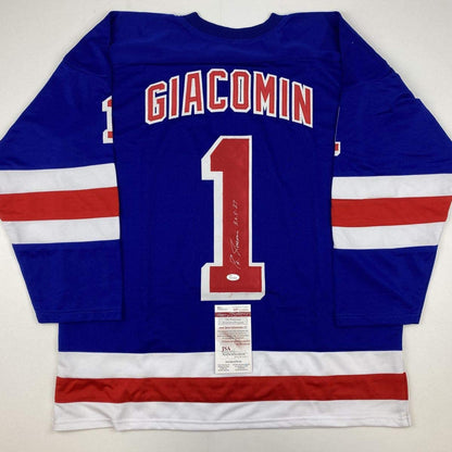 Autographed/Signed Eddie Giacomin HOF 87 New York Blue Hockey Jersey JSA COA