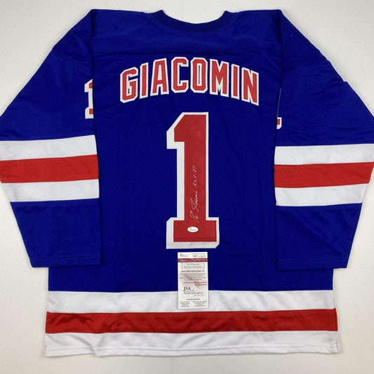 Autographed/Signed Eddie Giacomin HOF 87 New York Blue Hockey Jersey JSA COA
