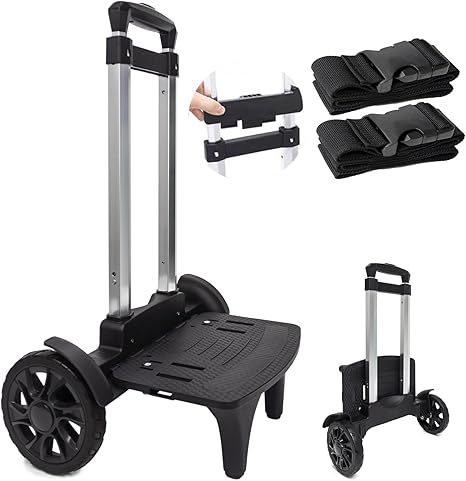 Backpack Trolley, Wheeled Cart Aluminum Alloy, Luggage Cart with 2 Large Tank Wheels, Folding Hand Truck with Luggage Straps for Bags, Lunch Backpack, Golf Bag, Teenagers, Adults, School, Travel