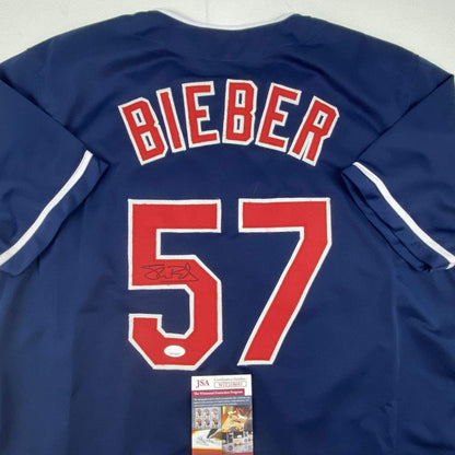 Autographed/Signed Shane Bieber Cleveland Blue Baseball Jersey JSA COA