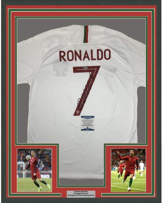Framed Autographed/Signed Cristiano Ronaldo 35x39 Portugal White World Cup Soccer Futbol Jersey Beckett BAS COA