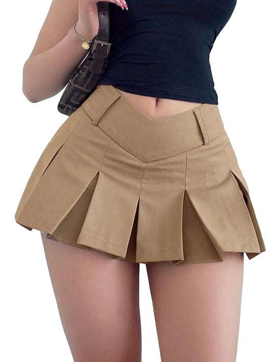 Floerns Women's Plus Size Casual Solid V Low Waist Pleated Hem A Line Mini Skirt Coffee Brown 3XL