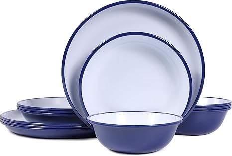 Classic Melamine Dinnerware Set - Basic dinnerware set indoor and outdoor use, Reusable plates and bowls set, unbreakable and BPA-free (White-Navy Blue, 12pcs dinnerware set)