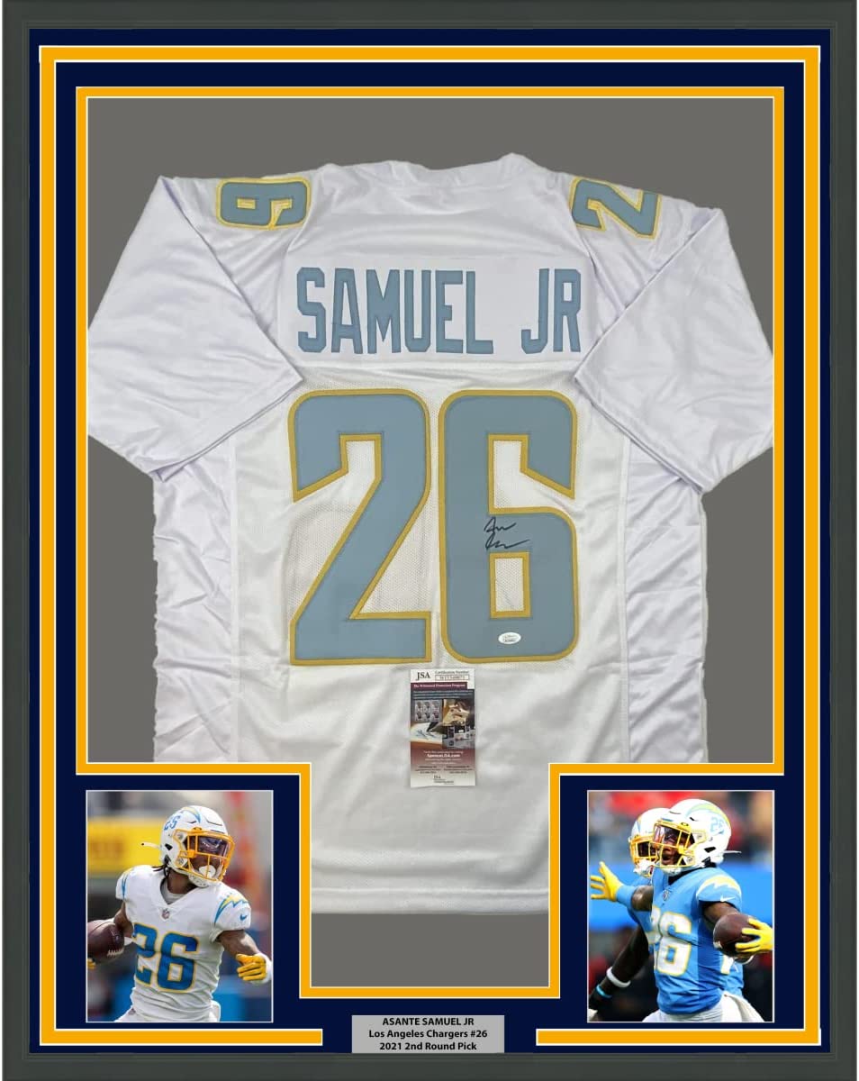 Framed Autographed/Signed Asante Samuel Jr. 35x39 Los Angeles LA White Football Jersey JSA COA