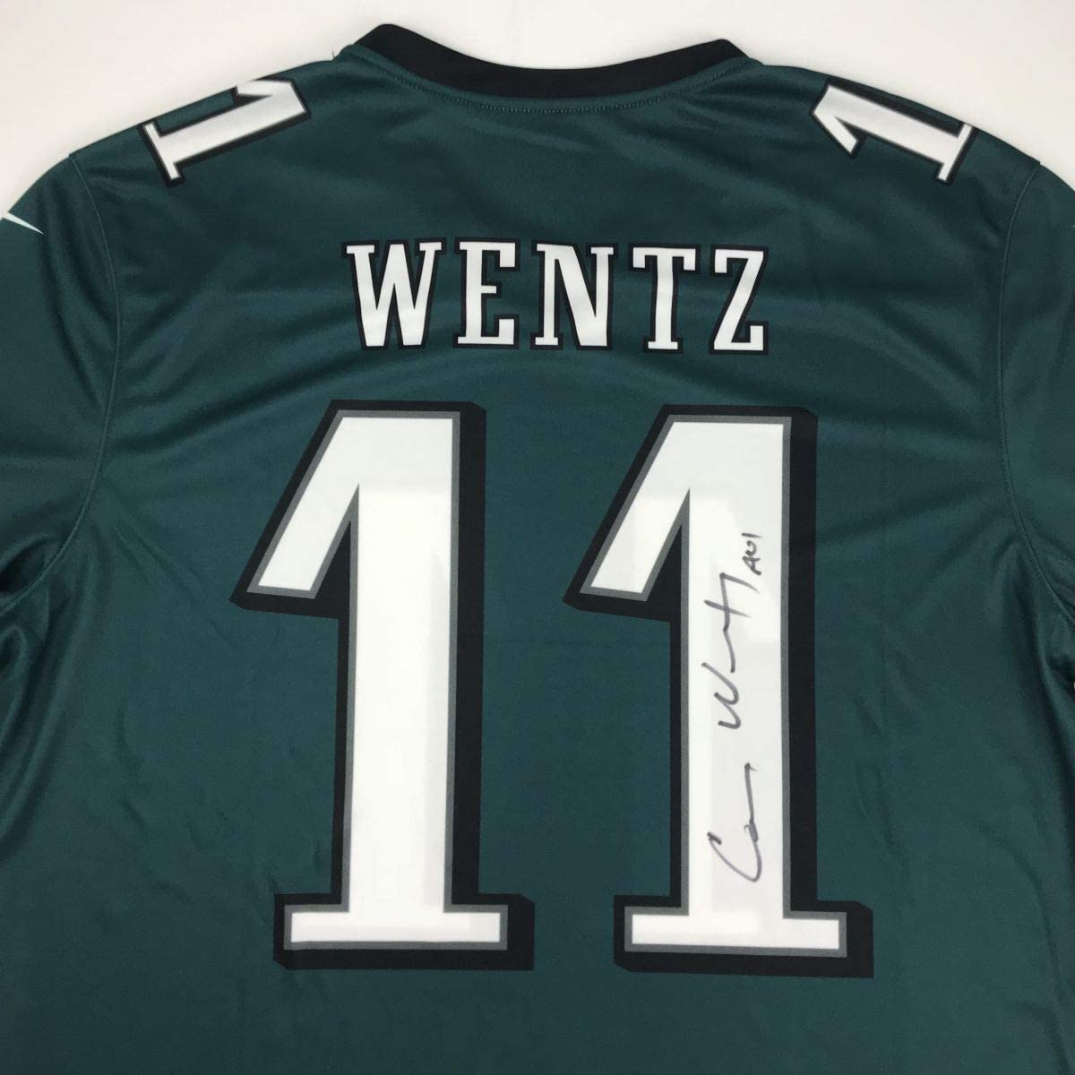 Autographed/Signed Carson Wentz Philadelphia Eagles Green Nike Dri Fit Football Jersey Fanatics COA