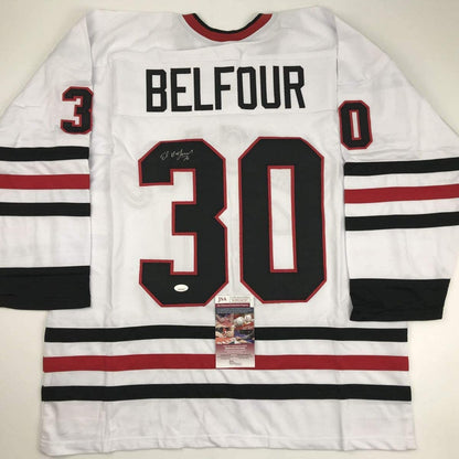 Autographed/Signed Ed Belfour Chicago White Hockey Jersey JSA COA