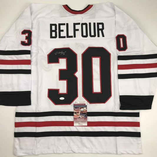 Autographed/Signed Ed Belfour Chicago White Hockey Jersey JSA COA