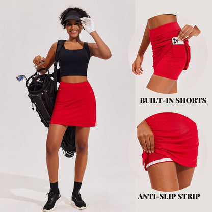 Ekouaer Golf Skirts for Woman with Pockets Silicone Grippers Tennis Skirt Inner Shorts Athletic Pickleball Running Skort,Red Large