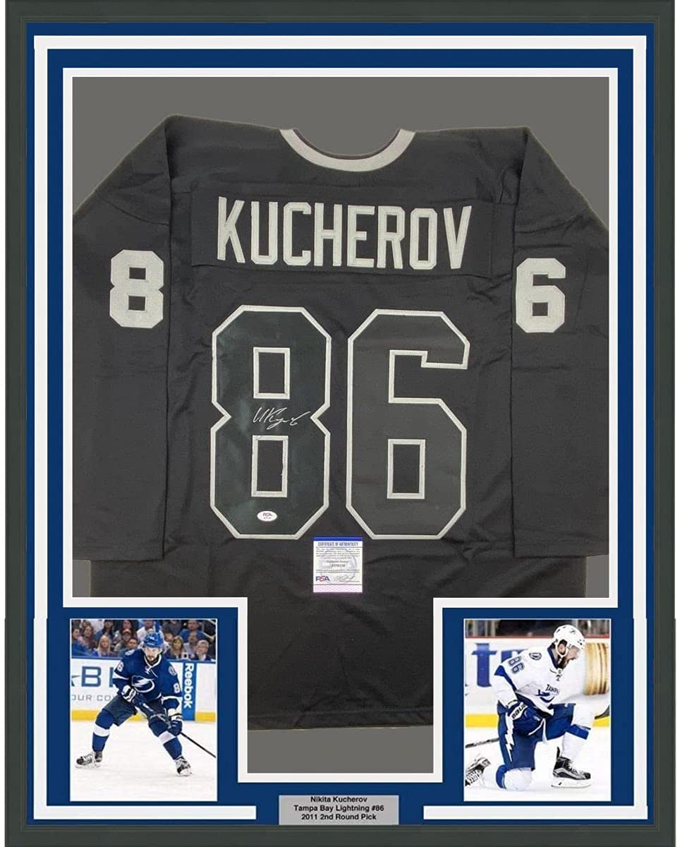 Framed Autographed/Signed Nikita Kucherov 35x39 Tampa Bay Black Hockey Jersey PSA/DNA COA