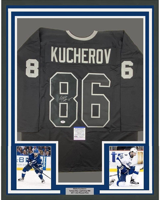 Framed Autographed/Signed Nikita Kucherov 35x39 Tampa Bay Black Hockey Jersey PSA/DNA COA