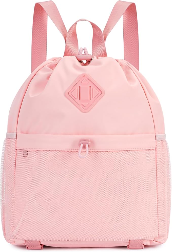 WANDF Drawstring Backpack Sports Gym Bag with Yoga Mat Strap, Water-Resistant String Backpack Cinch Bag with Mesh Pocket for Women Men (Pink, Patent Pending)