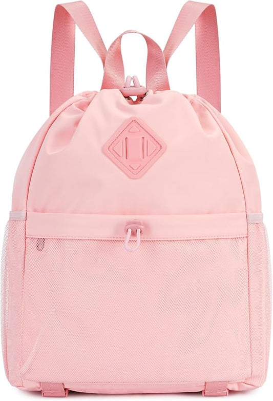 WANDF Drawstring Backpack Sports Gym Bag with Yoga Mat Strap, Water-Resistant String Backpack Cinch Bag with Mesh Pocket for Women Men (Pink, Patent Pending)