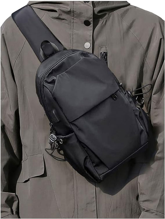 SEAFEW Small Black Sling Crossbody Backpack Shoulder Bag for Men Women, Lightweight One Strap Sling Bag Backpack for Hiking Walking Biking Travel Cycling USB Charger Port-Nylon