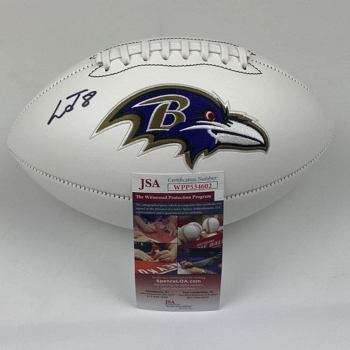 Autographed/Signed Lamar Jackson Baltimore Ravens Full Size FS White Panel Logo Football JSA COA