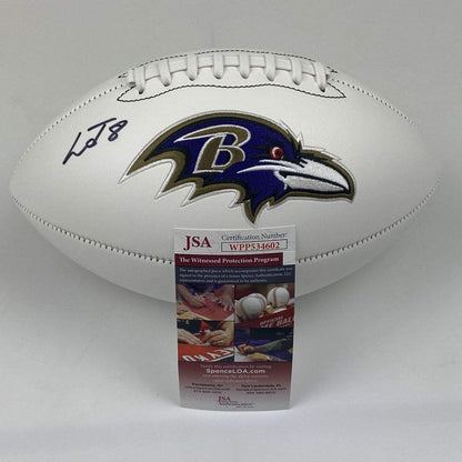 Autographed/Signed Lamar Jackson Baltimore Ravens Full Size FS White Panel Logo Football JSA COA