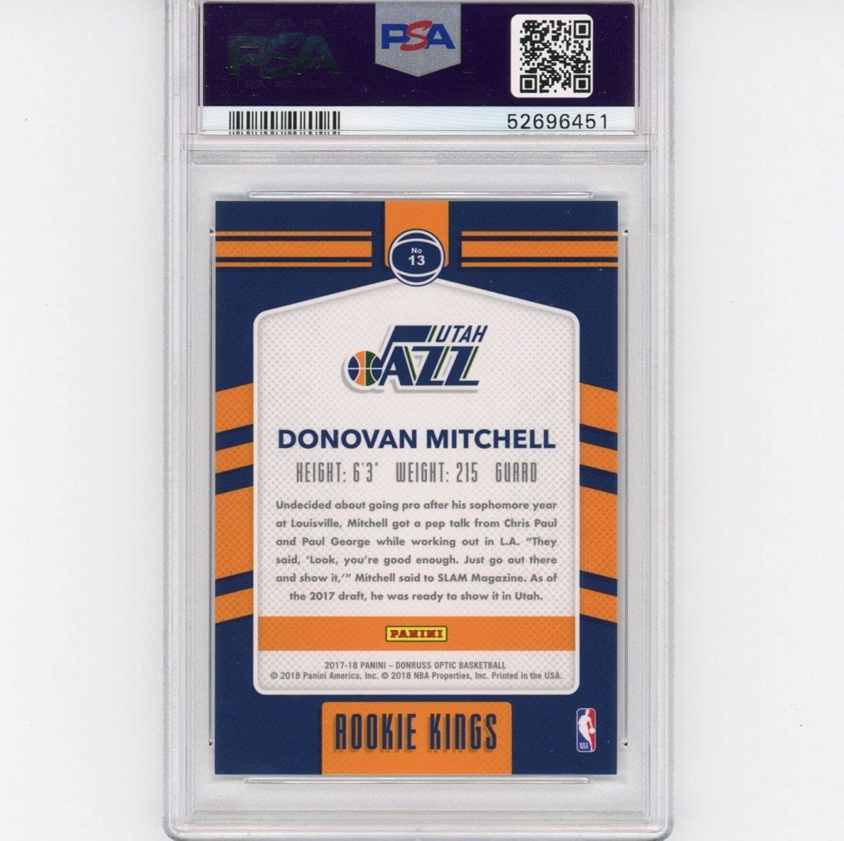 Graded 2017-18 Panini Donruss Optic Donovan Mitchell #13 Rookie Kings RC Basketball Card PSA 10 Gem Mint