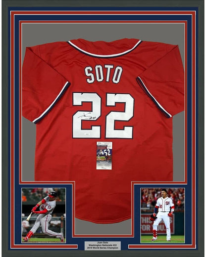 Framed Autographed/Signed Juan Soto 35x39 Washington Red Baseball Jersey JSA COA