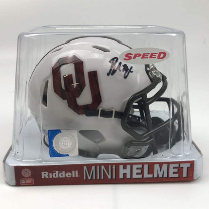 Autographed/Signed Baker Mayfield Oklahoma Sooners Mini College Football Helmet Beckett BAS COA