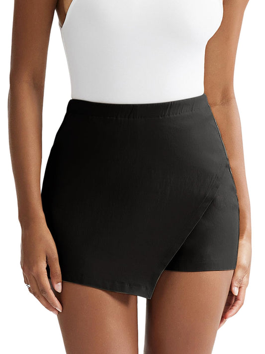 EXLURA Women's High Elastic Waist Bodycon Asymmetrical Skorts Short Mini Skirt with Shorts Black