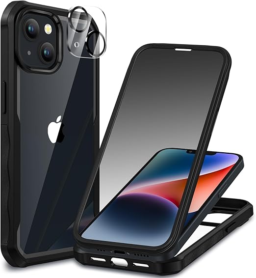 CENHUFO for iPhone 14 Case/iPhone 13 Case, Privacy Phone Cover with Built-in Anti Peep Tempered Glass Privacy Screen Protector and Camera Lens Protective Full Body Shockproof Clear Bumper - Black