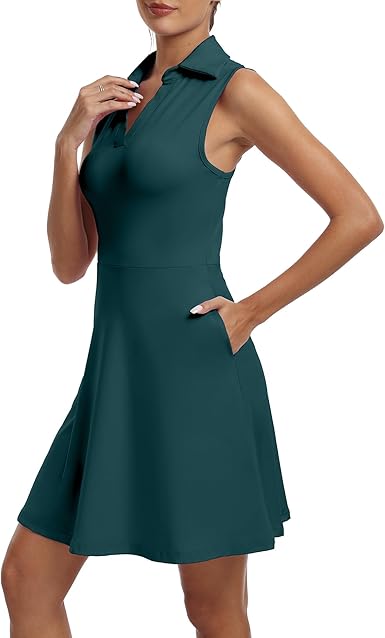 Women's Golf Tennis Dress V-Neck with Shorts and Pocket Workout Athletic Dresses