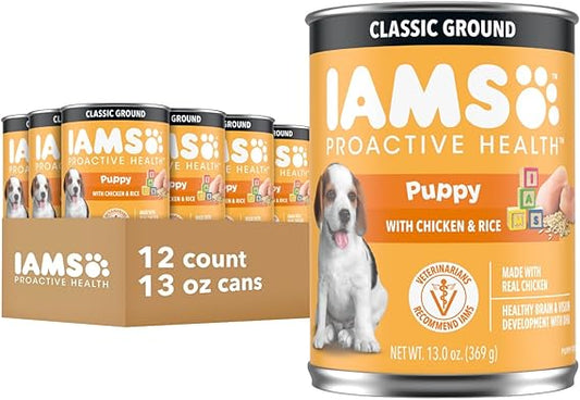 IAMS Proactive Health Puppy Wet Dog Food Classic Ground with Chicken and Rice, 13 oz. Cans, Pack of 12
