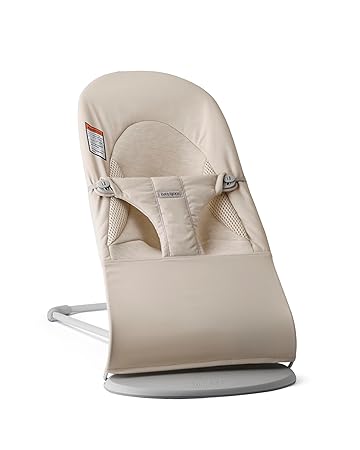 BabyBj’_rn Bouncer Balance Soft, Light Beige, Woven/Jersey, Tri-Fabric | 2-in-1 Adjustable Baby Bouncer Seat and Toddler Chair, Newborn to Toddler (8-29 lbs), 4 Positions, Lightweight & Portable