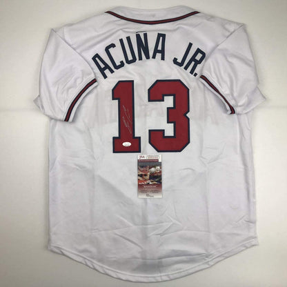 Autographed/Signed Ronald Acuna Jr. Atlanta White Baseball Jersey JSA COA