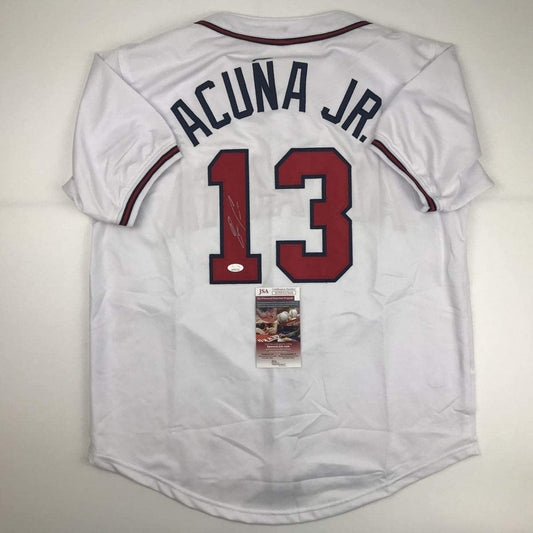 Autographed/Signed Ronald Acuna Jr. Atlanta White Baseball Jersey JSA COA