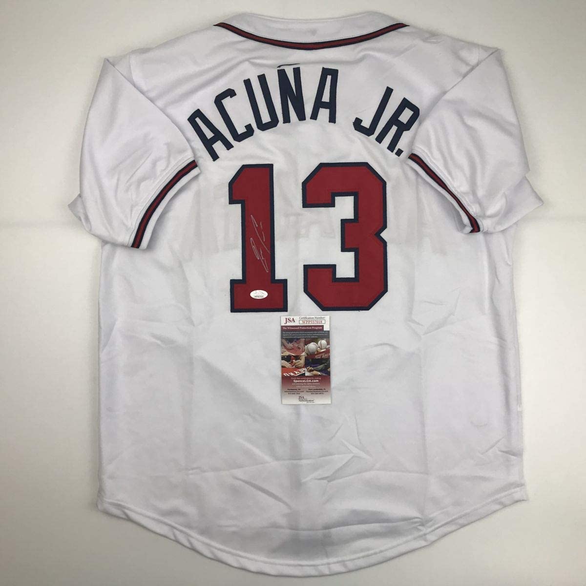 Autographed/Signed Ronald Acuna Jr. Atlanta White Baseball Jersey JSA COA