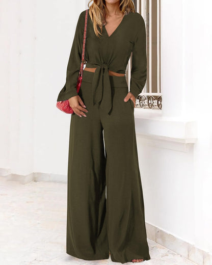 PRETTYGARDEN Women Tunic 2 Piece Sets Smocked Crop Top Wide Leg Pant Sets Dressy Jumpsuits For Work Business Office(Solid Army Green,Medium)