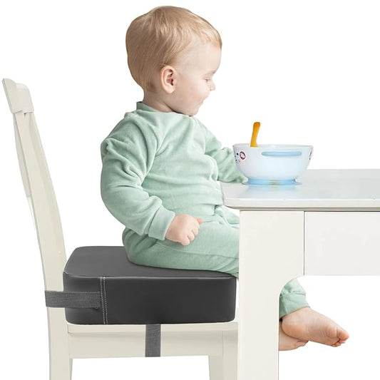 Toddler Booster Seat for Dining Table, Adjustable Seat Belts Booster Seat for Kitchen Chair, Strong Support Booster Seat Cushion, PU Easy Cleaning Detachable Portable Travel Booster (Dark Grey)