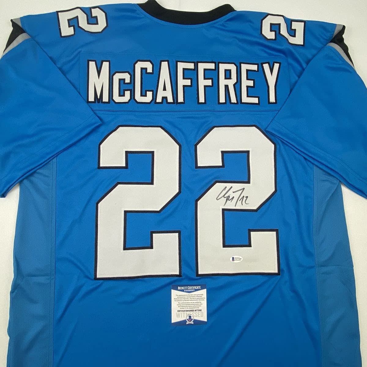 Autographed/Signed Christian McCaffrey Carolina Blue Football Jersey Beckett BAS COA