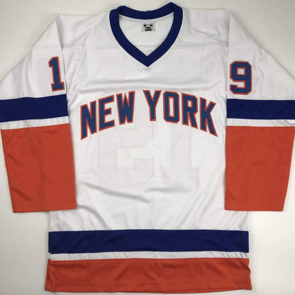 Autographed/Signed Bryan Trottier HOF 97 New York White Hockey Jersey JSA COA