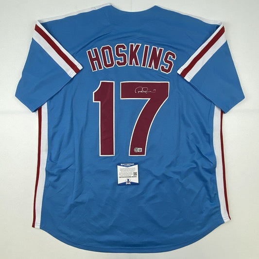 Autographed/Signed Rhys Hoskins Philadelphia Retro Blue Baseball Jersey Beckett BAS COA