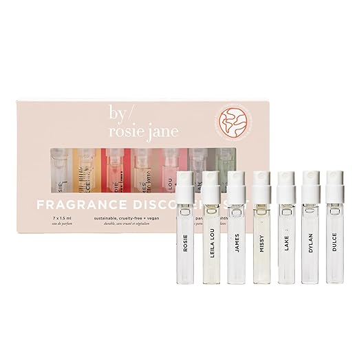 By Rosie Jane Discovery Perfume Set - 7 Piece Travel Size Perfume Set - Gift Set Includes Scents Missy, Dulce, Leila Lou, James, Lake and Dylan - Clean Perfume for Women (7 Count)