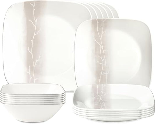 Corelle Vitrelle 18 Piece Glass Dinnerware Sets, Rectangular Square Plate and Bowl Set Service for 6, Triple Layer Chip & Crack Resistant Glass Plate and Bowl Sets, Wandering Grove