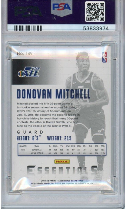 Graded 2017-18 Panini Essentials Donovan Mitchell #149 Rookie RC Basketball Card PSA 10 Gem Mint
