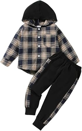 Toddler Baby Boy Clothes Plaid Long Sleeve Hoodie Sweatshirt + Pants 2pcs Boys Outfit Set