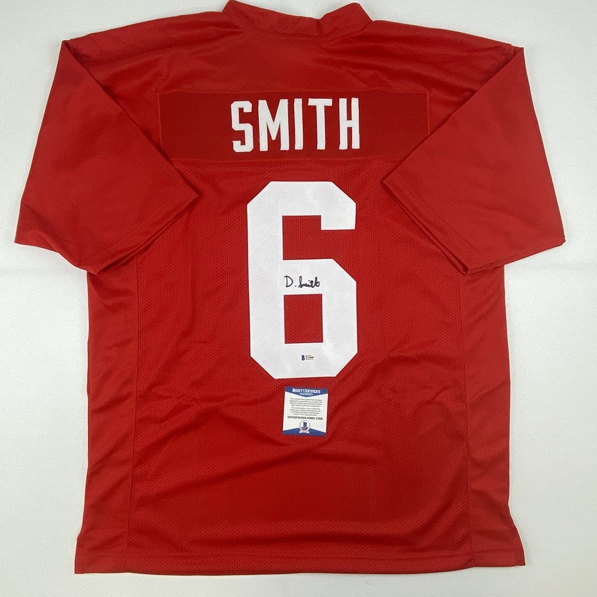 Autographed/Signed Devonta Smith Alabama Red College Football Jersey Beckett BAS COA