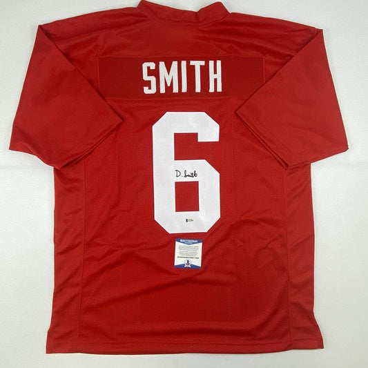 Autographed/Signed Devonta Smith Alabama Red College Football Jersey Beckett BAS COA