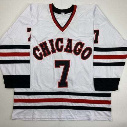 Autographed/Signed Chris Chelios Chicago White Hockey Jersey JSA COA