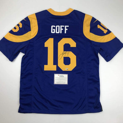 Autographed/Signed Jared Goff Los Angeles LA Retro Blue Football Jersey Fanatics COA