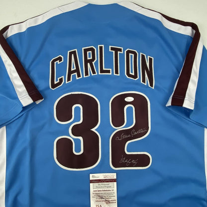Autographed/Signed Steve Carlton Lefty Philadelphia Retro Blue Baseball Jersey JSA COA