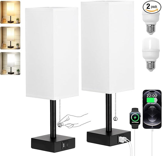 Bedside Lamps Set of 2 - White, 3 Color Temperatures, USB Charging, Pull Chain Night Light