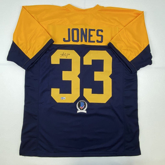Autographed/Signed Aaron Jones Green Bay Retro Blue Football Jersey Beckett BAS COA