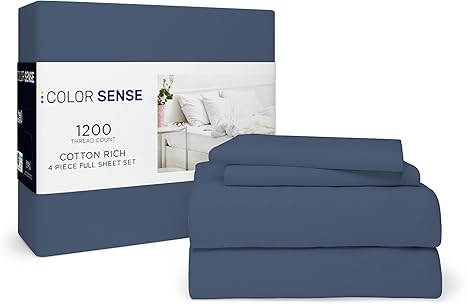 Color Sense 1200 Thread Count King Navy Sheet Set, Hotel Luxury Cotton Rich Ultra Soft Sateen Sheets, Easy Care Bed Sheet Set with Deep Pocket (1 Flat Sheet, 1 Fitted Sheet & 2 Pillowcases)