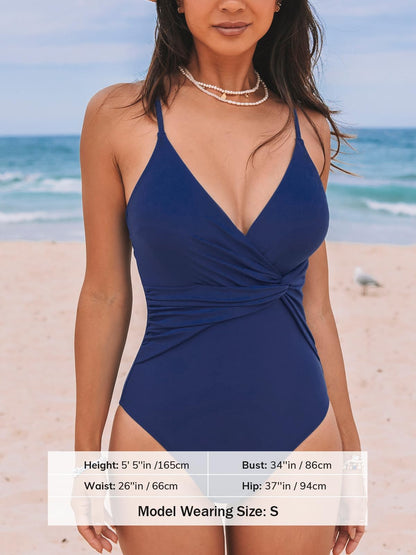 CUPSHE Women's One Piece Swimsuit Deep V Neck Twist Adjustable Straps Bathing Suit Molded Cups, M Navy Blue