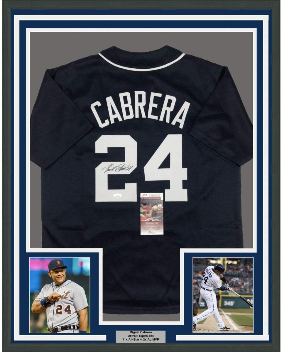 Framed Autographed/Signed Miguel Cabrera 35x39 Detroit Blue Baseball Jersey JSA COA